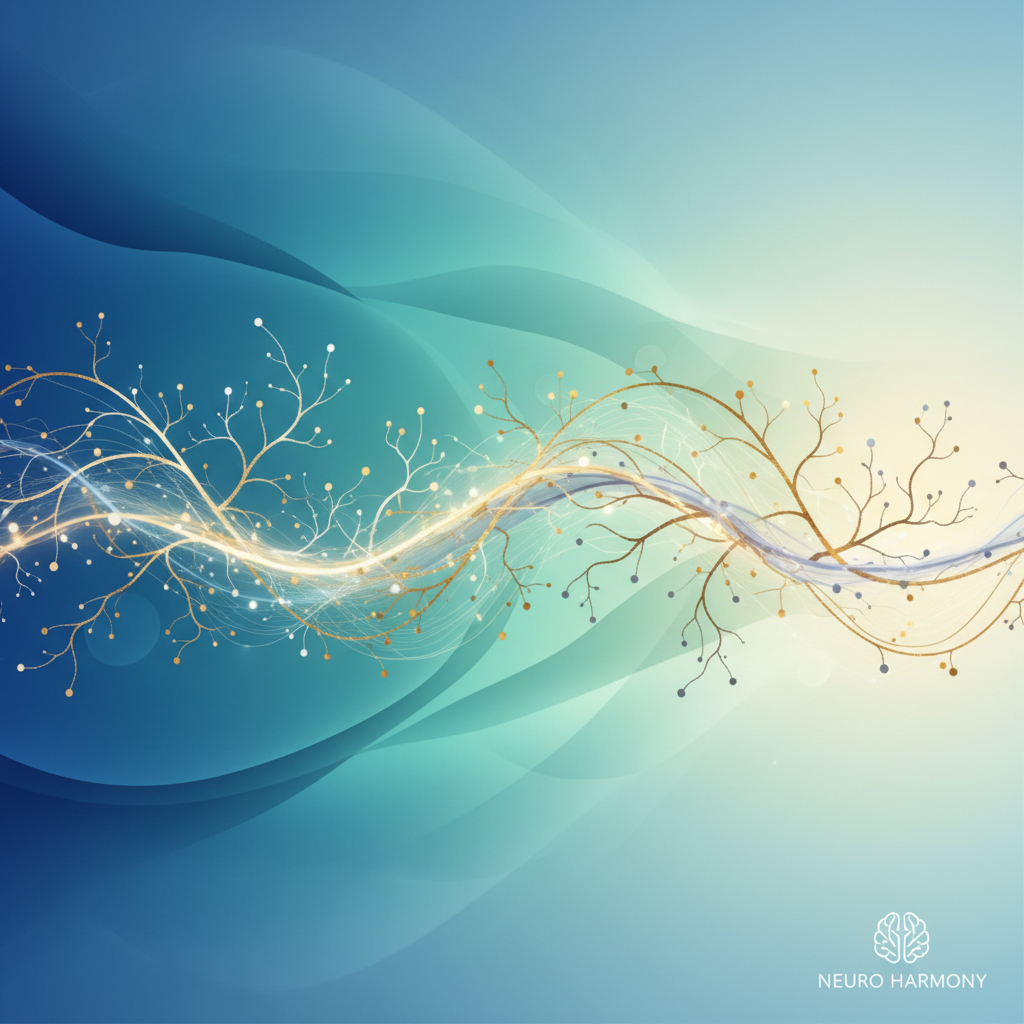 Abstract illustration of calming brainwave patterns in soft blue and green hues, symbolizing peace, clarity, and nervous system regulation.