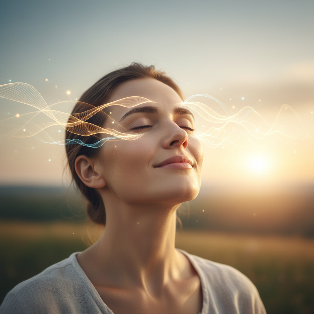 A person with closed eyes, conveying deep relaxation and peace, representing anxiety relief and brain regulation through neurofeedback.