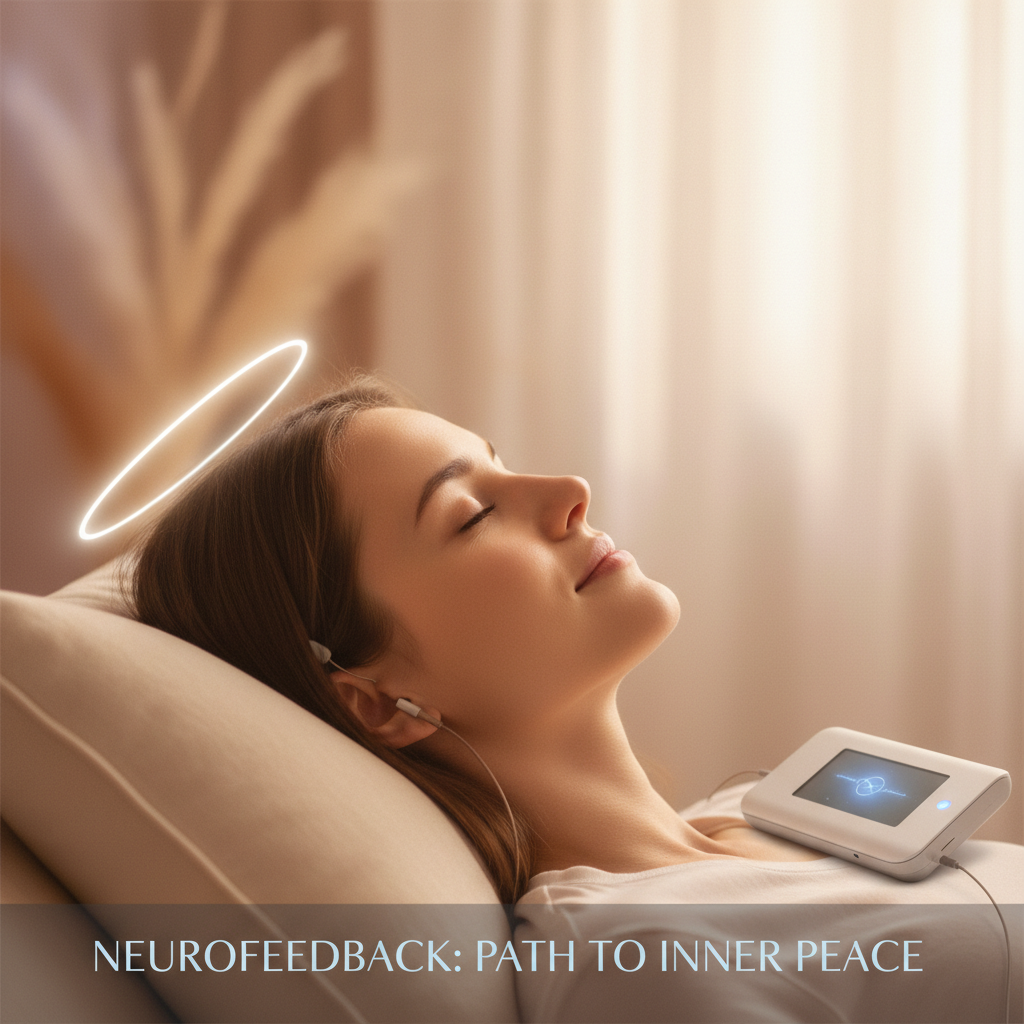 A person in a meditative, calm state, representing anxiety relief and mental peace through neurofeedback.