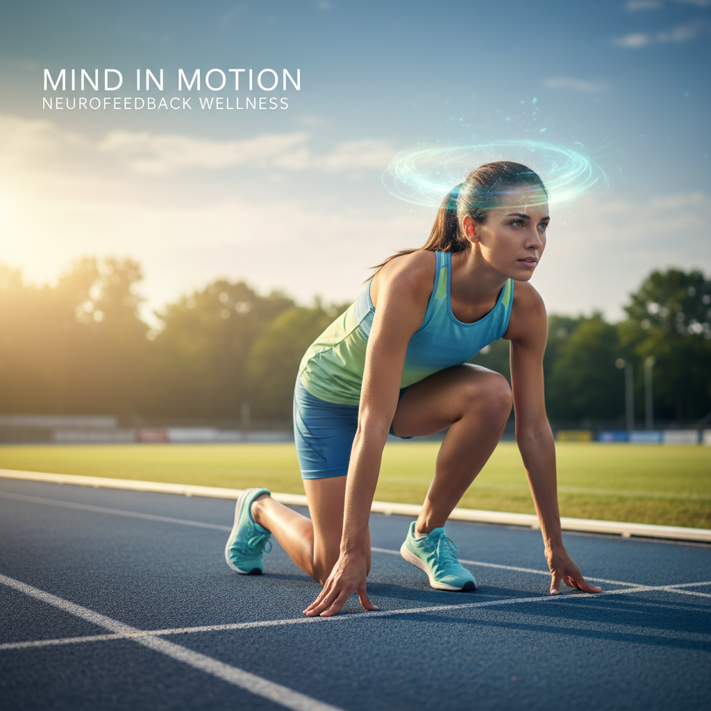 A female runner in athletic gear, with her gaze fixed forward, radiating focus and calm on a bright day in a stadium, symbolizing mental clarity and peak athletic potential.