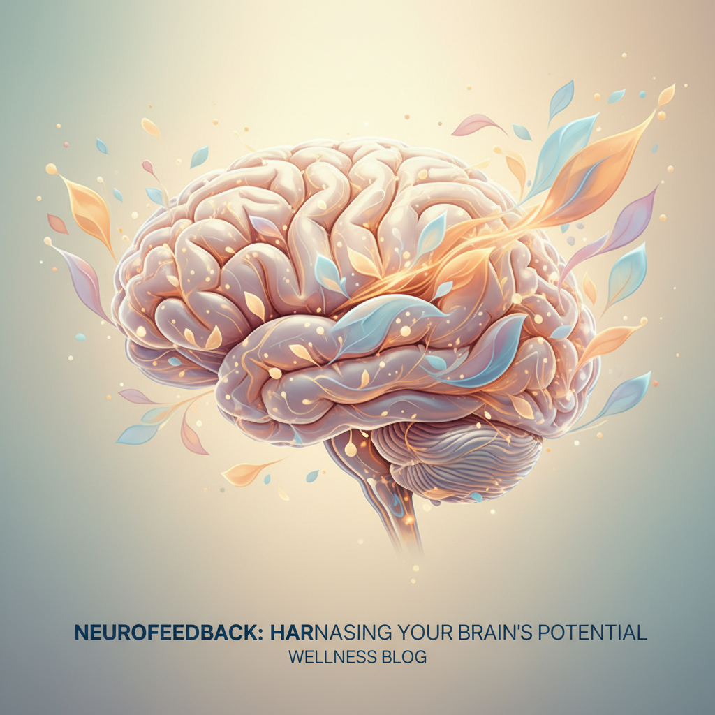 Abstract illustration of a healing brain, with calm, gentle light swirling, representing improved neural function and clarity after a concussion with neurofeedback support.