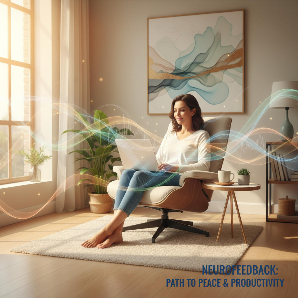 A person calmly working at a desk in a modern, light-filled office, symbolizing peace and enhanced focus in a corporate wellness setting with neurofeedback.
