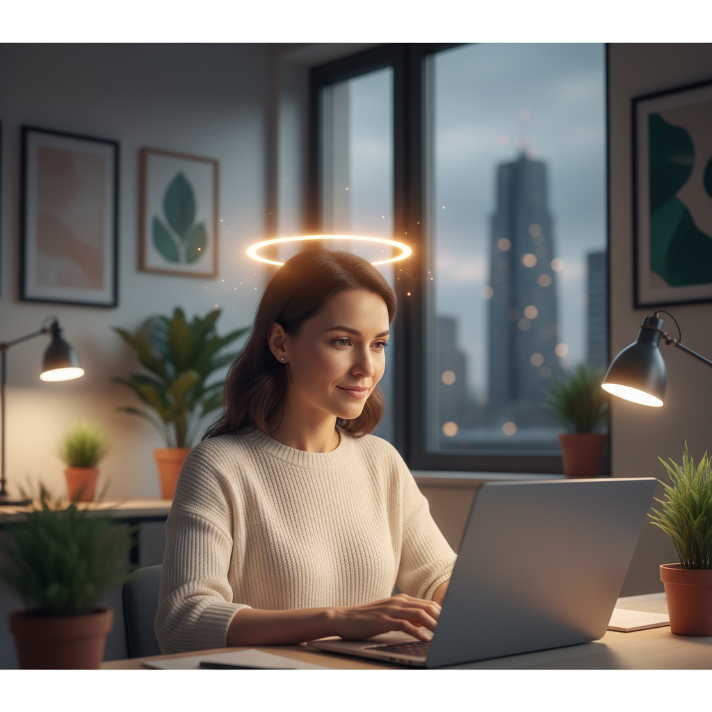 A calm professional in a modern office, subtly depicting mental clarity and reduced stress through Micro-Current Neurofeedback (MCN) for corporate wellness.
