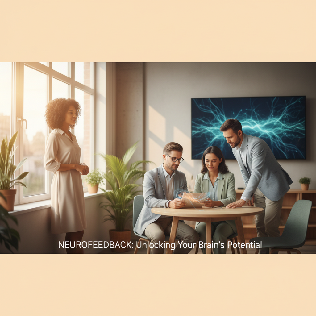Professionals in a modern, calm office setting, representing improved focus and reduced stress in corporate wellness through neurofeedback.