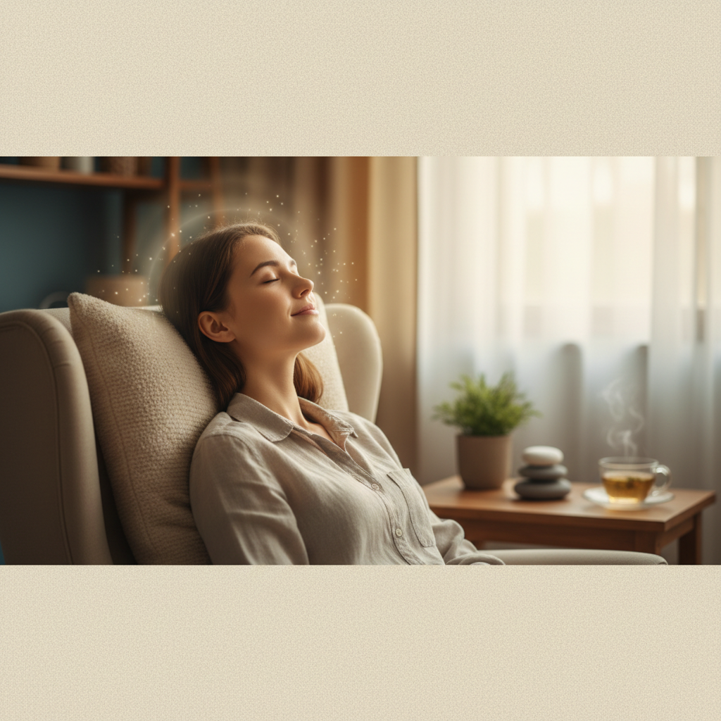 A person with a calm expression, suggesting peace and mental well-being, in a soft, welcoming environment, representing hope and support for depression.