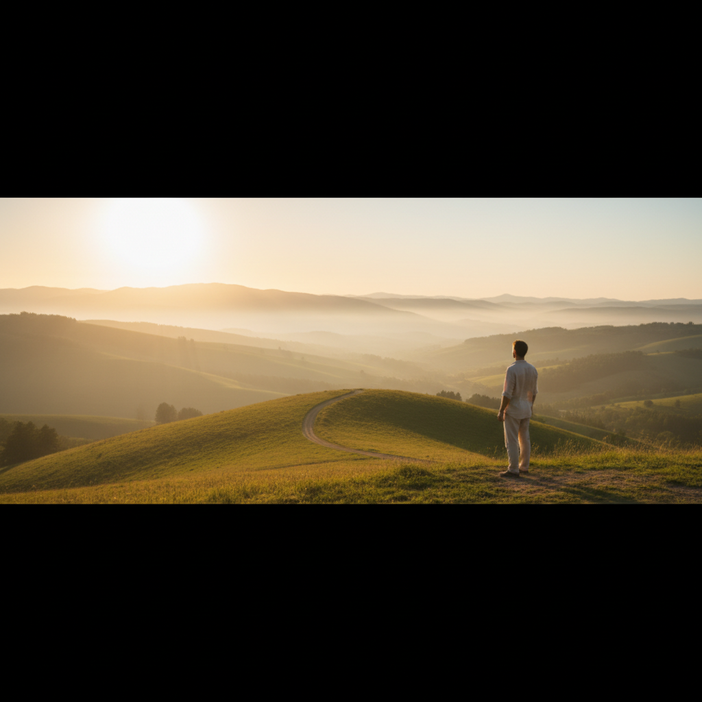 Person looking peacefully at a serene and open landscape, evoking feelings of hope, mental clarity, and emotional balance.