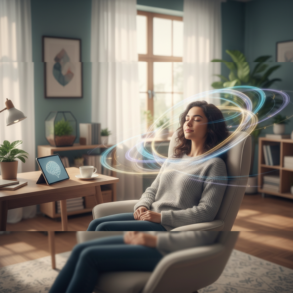 A diverse man with calm expression, eyes closed, sitting at a clean, modern desk with a laptop, subtly representing peace and focus in a professional setting. Abstract lines around his head hint at brain activity and neurofeedback.