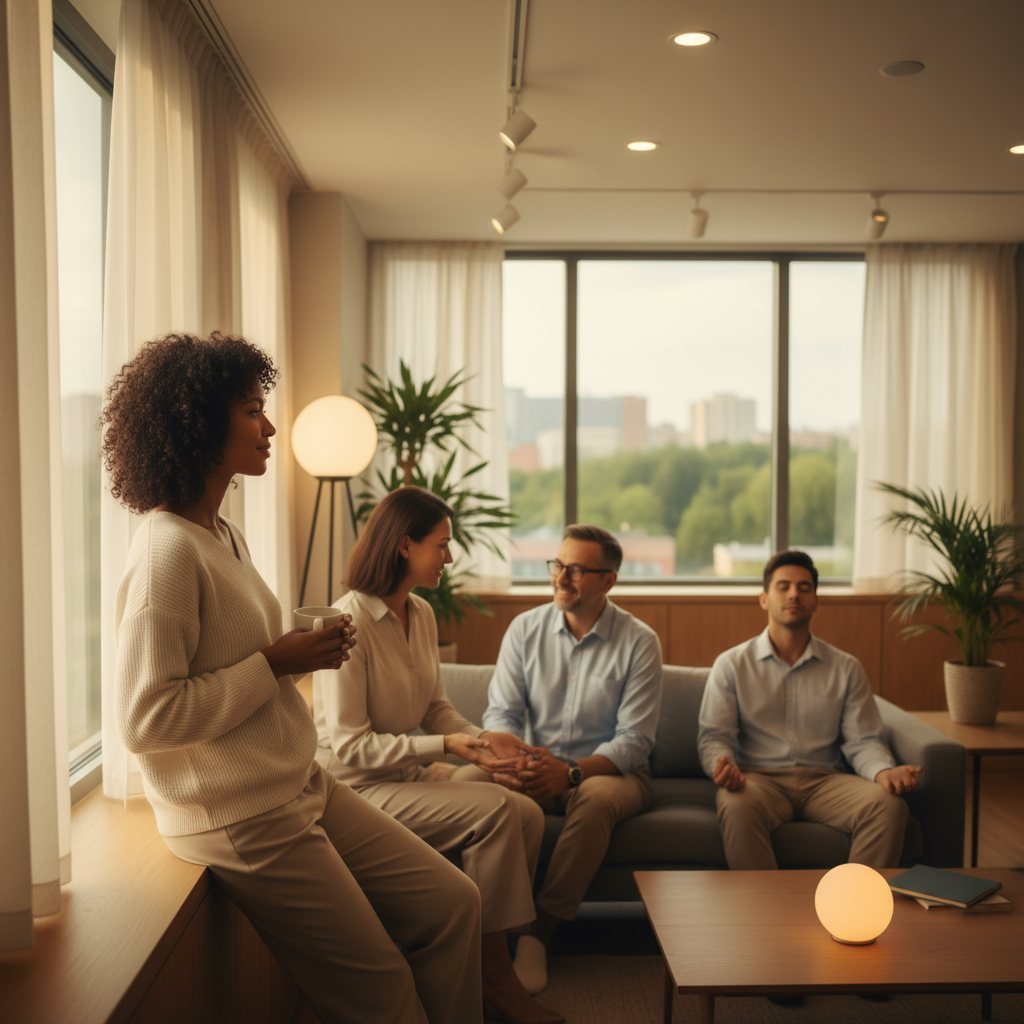 Professionals in a calm, modern office setting, representing reduced stress and improved well-being in a corporate environment. The ambiance is peaceful and focused.