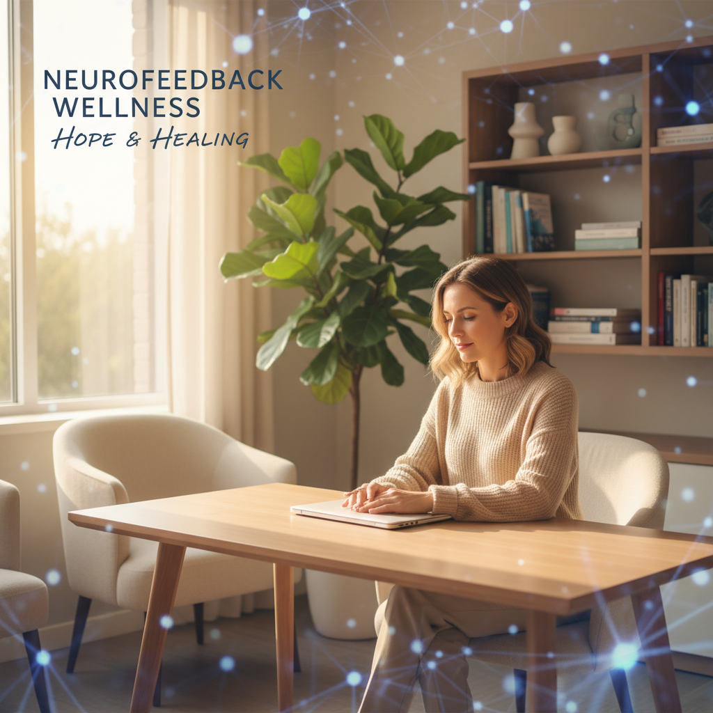 A calm professional works diligently at a desk, surrounded by a peaceful, modern office setting, illustrating mental clarity and reduced stress in the workplace.