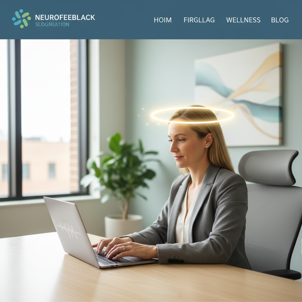 A person with a clear, calm expression working on a laptop in a modern, well-lit office, representing mental clarity and reduced stress in a corporate wellness context.