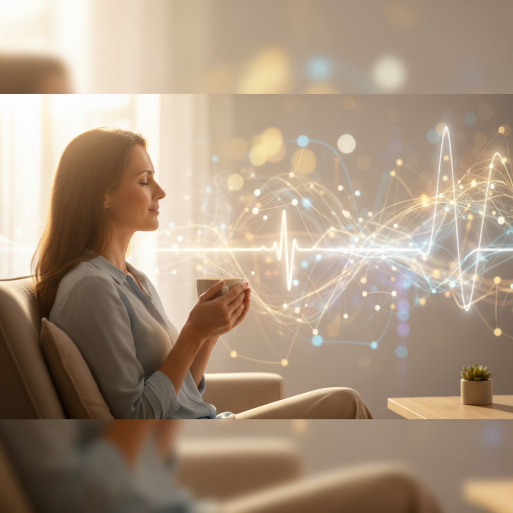 A person looking thoughtful and calm, suggesting improved focus, with soft, glowing neural pathway-like light behind them, illustrating the concept of brain regulation through neurofeedback.