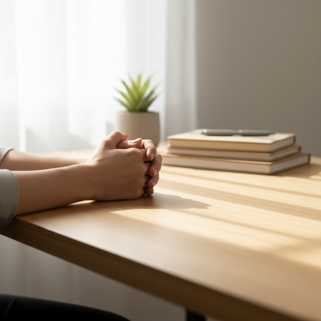 A person's hands resting calmly on a clean desk, bathed in soft light, symbolizing improved focus and mental clarity for ADHD relief.