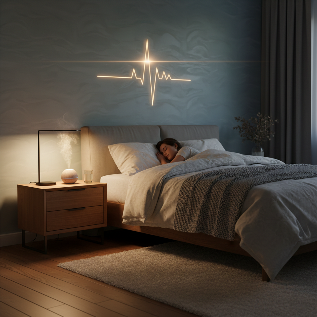 A tranquil bedroom scene at night, with a person sleeping soundly under a soft blanket, bathed in the warm glow of a bedside lamp, embodying peaceful and restorative sleep.