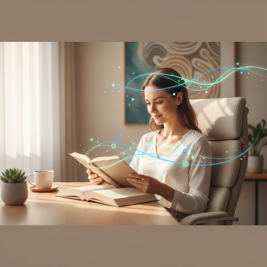 A person calmly reading a book in a peaceful, modern workspace, symbolizing improved focus and mental clarity aided by neurofeedback for ADHD symptoms.