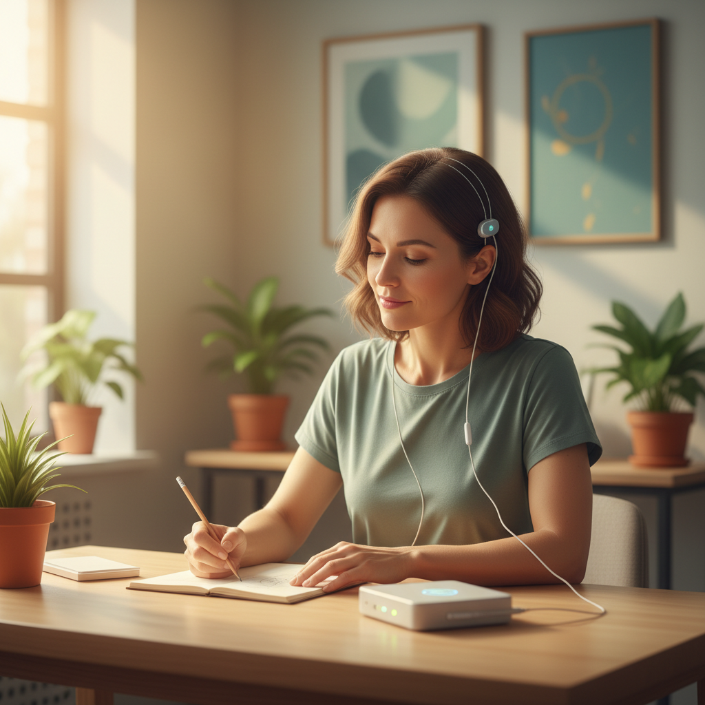 A person with a calm and focused expression, gently sketching in a notebook at a modern wooden table, surrounded by soft light. The image conveys peace and concentration.