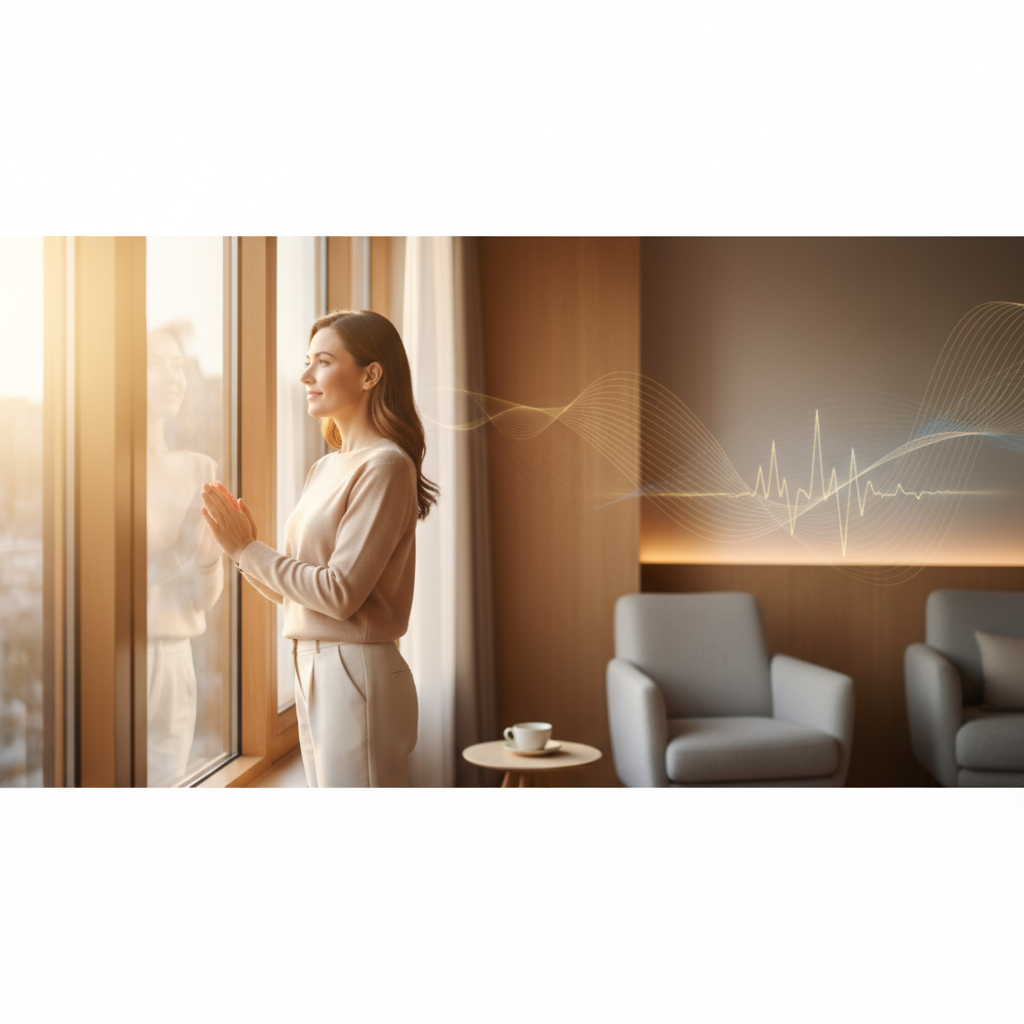A person with a calm, hopeful expression, gazing towards warm, soft light, symbolizing relief and emotional balance after finding support for persistent low mood with MCN.