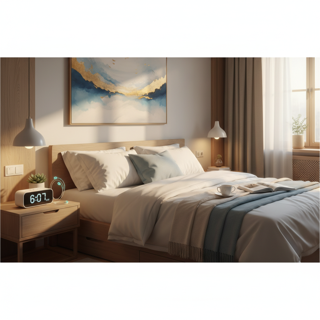A tranquil bedroom with soft, inviting lighting, suggesting calm and improved sleep quality.
