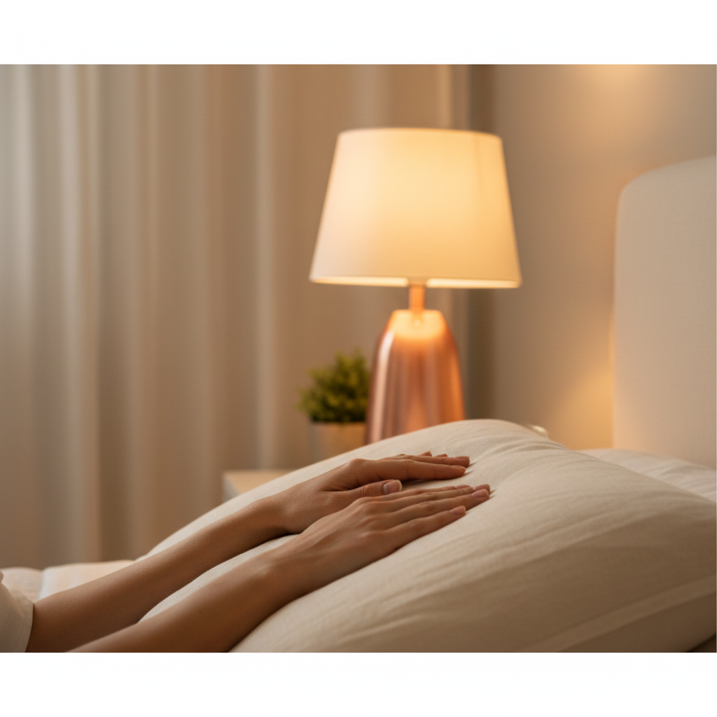 Hands resting peacefully on a pillow next to a warmly lit bedside lamp, symbolizing calm, restorative sleep and the potential for sleep improvement with MCN neurofeedback.