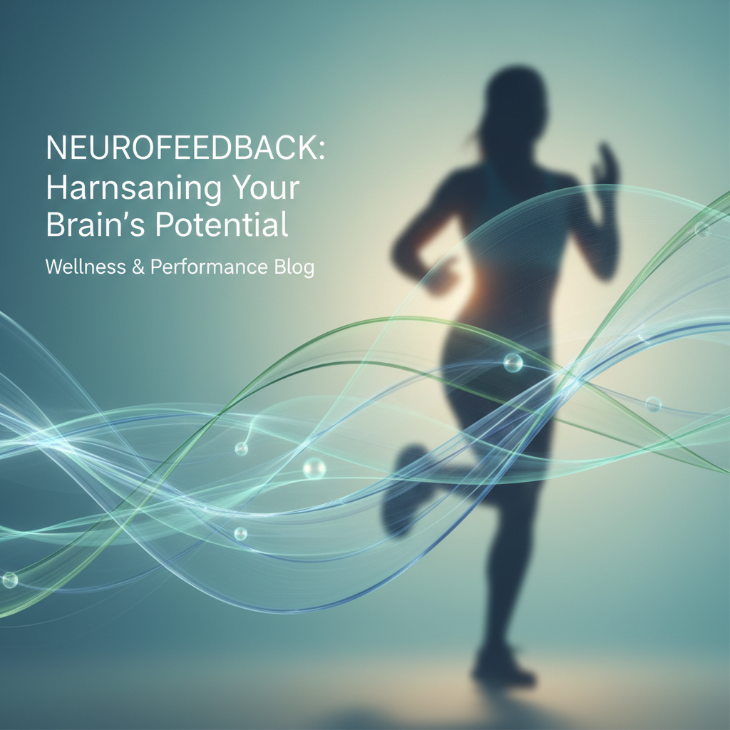 Abstract illustration of subtle brainwave activity overlapping with a blurred image of an athlete in motion, symbolizing the connection between brain health and peak athletic performance with Micro-Current Neurofeedback.