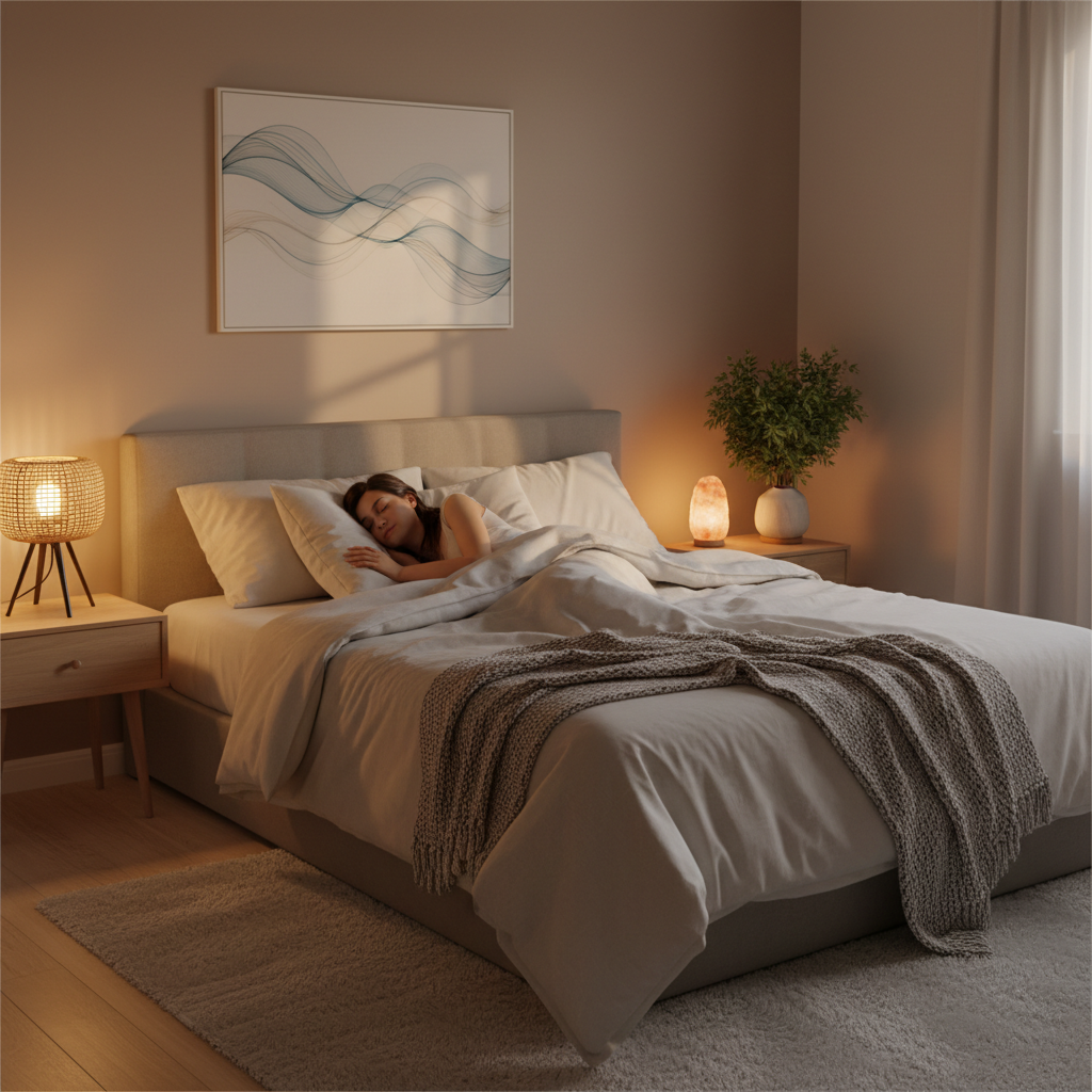 A person sleeping peacefully in a comfortable bed, bathed in soft, warm light, representing deep and restorative sleep.