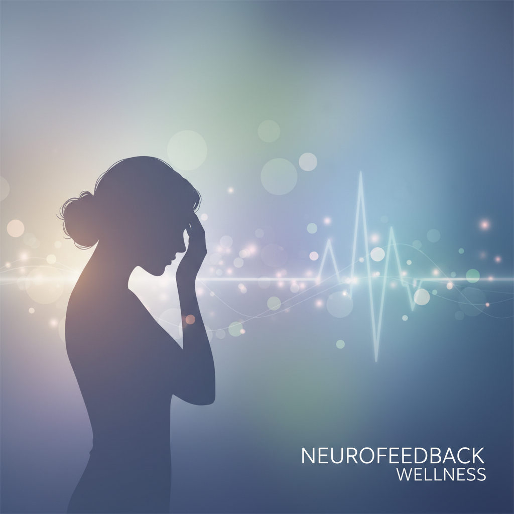 A silhouette of a woman gently touching her temple, conveying relief, against a soft, out-of-focus background of calming blues and purples, symbolizing brain health and a peaceful state.