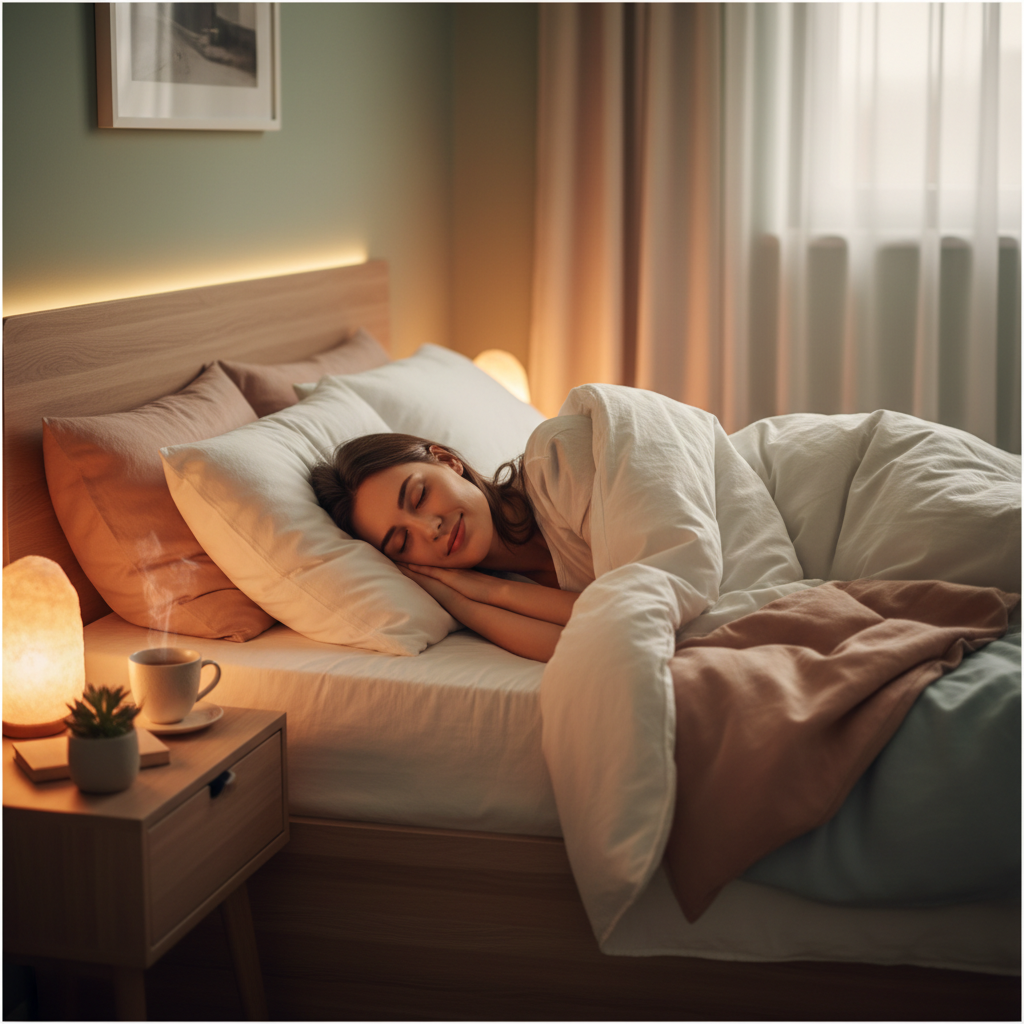 A person sleeping soundly and peacefully in a warm, inviting bedroom, representing deep and restorative sleep.