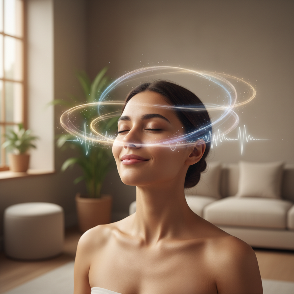 Person experiencing calm, potentially reflecting migraine relief, with gentle light and subtle brainwave graphics indicating neurofeedback benefits