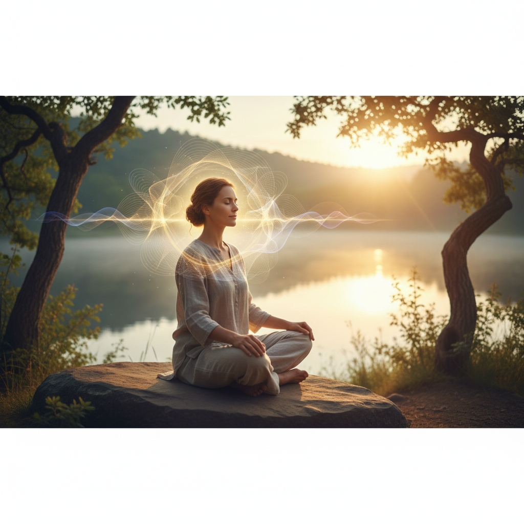 A person sitting peacefully in a calm, warm-lit environment, symbolizing inner peace and enhanced stress resilience through neurofeedback.