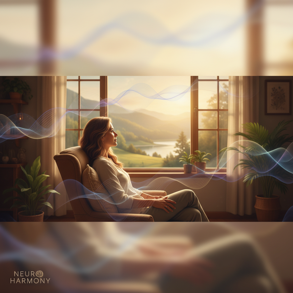 A person sitting peacefully in a calm, sunlit room, embodying inner calm and focus, representing stress resilience and improved brain health.