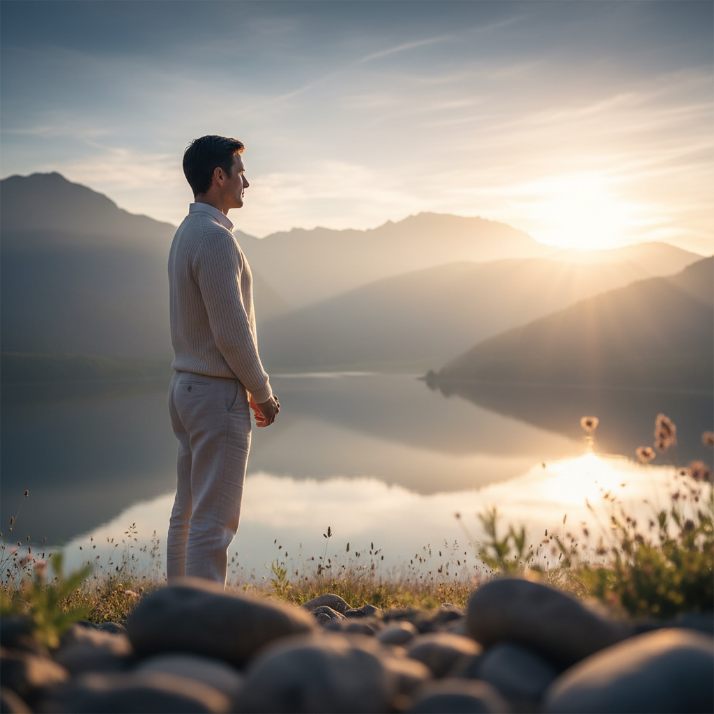 A person stands calmly overlooking a tranquil lake at sunrise, symbolizing peace and renewed strength against stress.