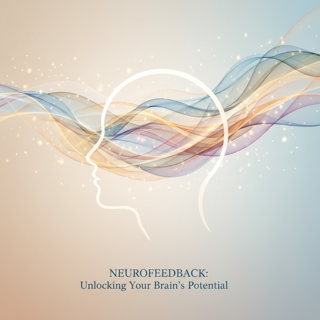 Abstract illustration of a calm brain with gentle energy waves, symbolizing stress resilience and self-regulation achieved through neurofeedback.