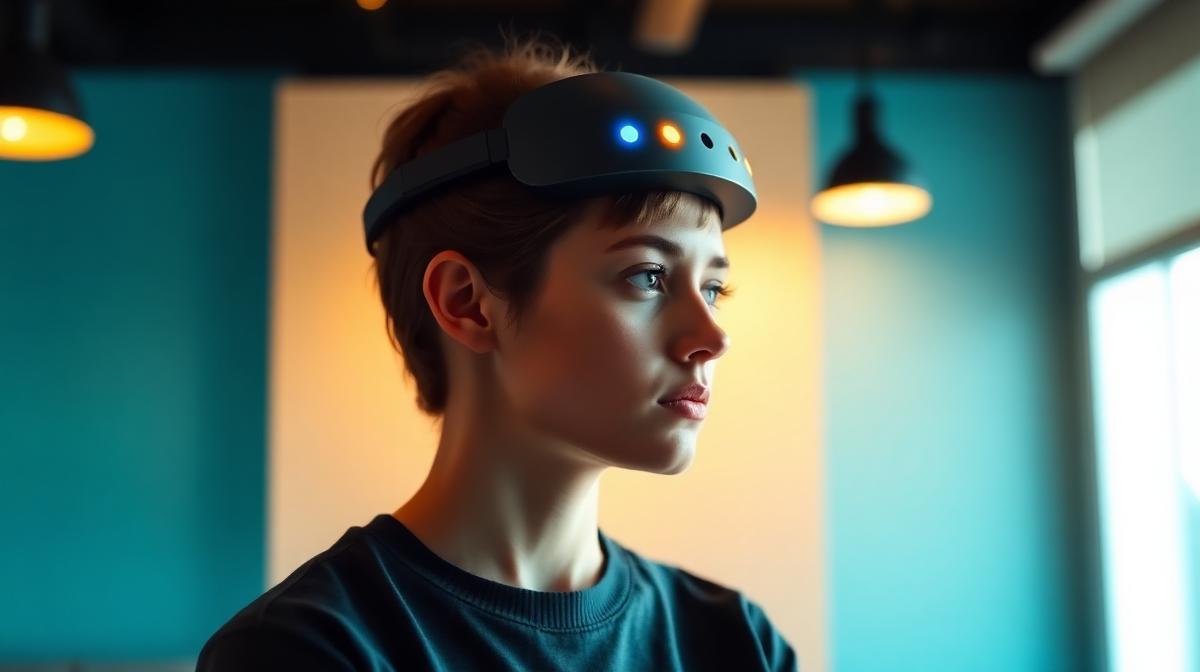 Person wearing neurofeedback EEG headband focusing in a modern clinic setting