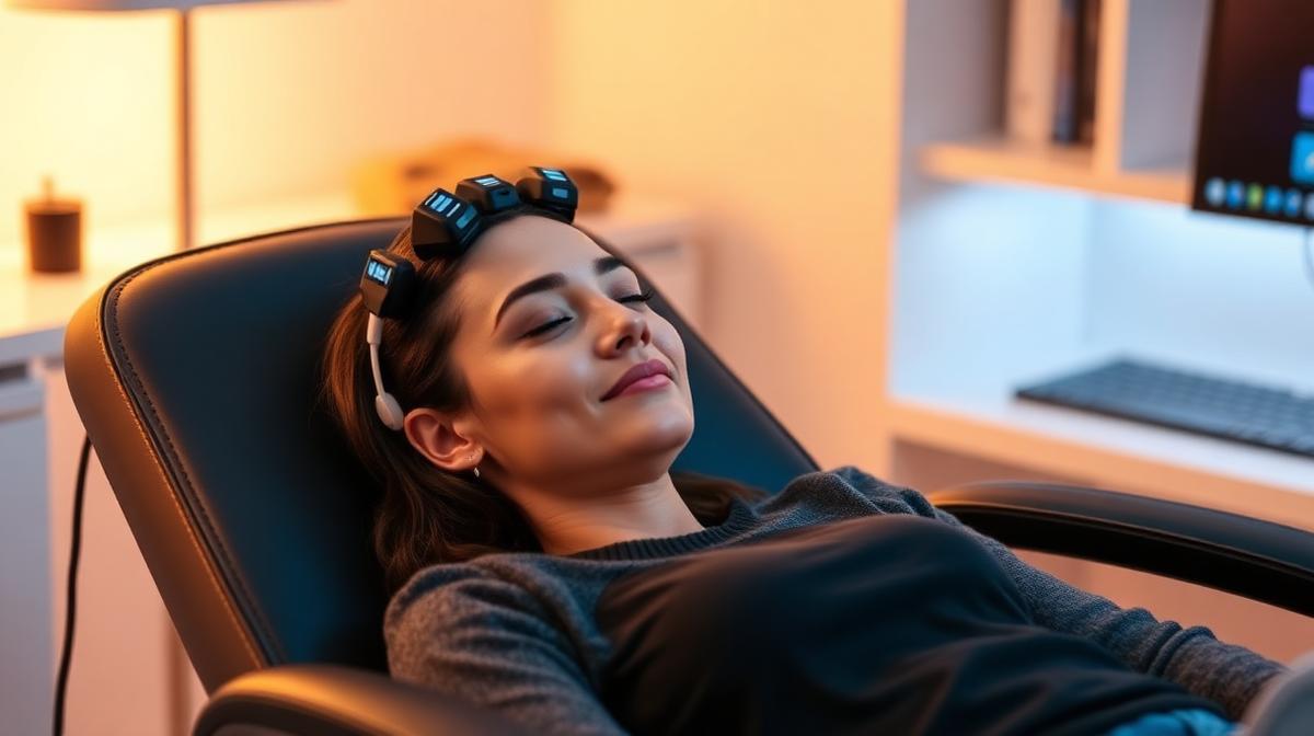 Woman relaxing comfortably during a neurofeedback session with sensors on her head